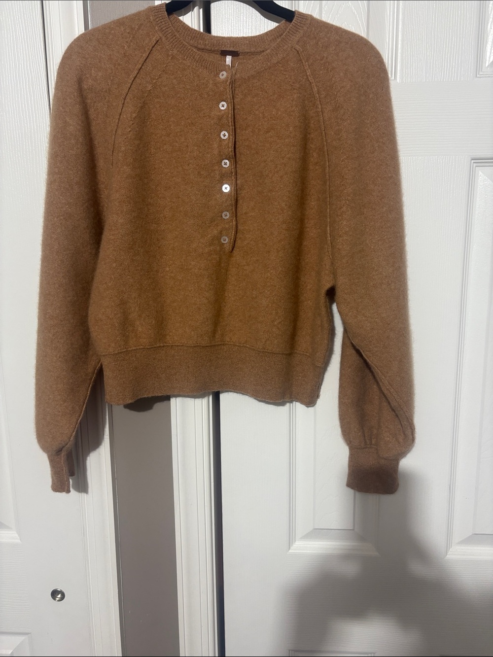 Free People Chest-Button Crewneck Sweater in Camel Brown